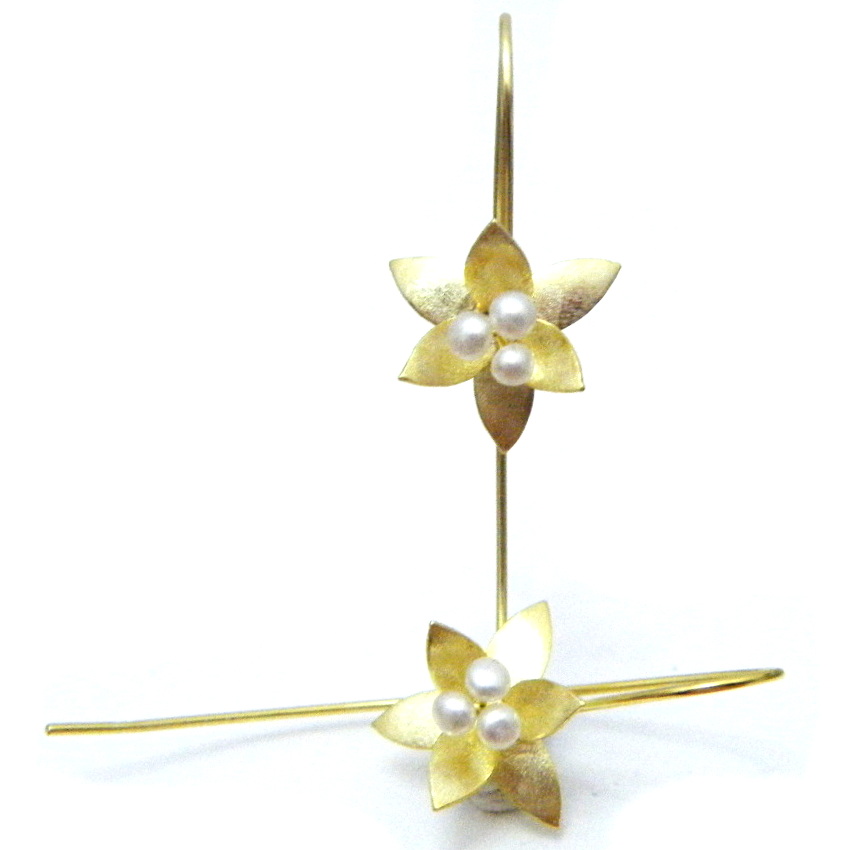 Yellow Gold Flowers with White Pearl Stamen Earrings